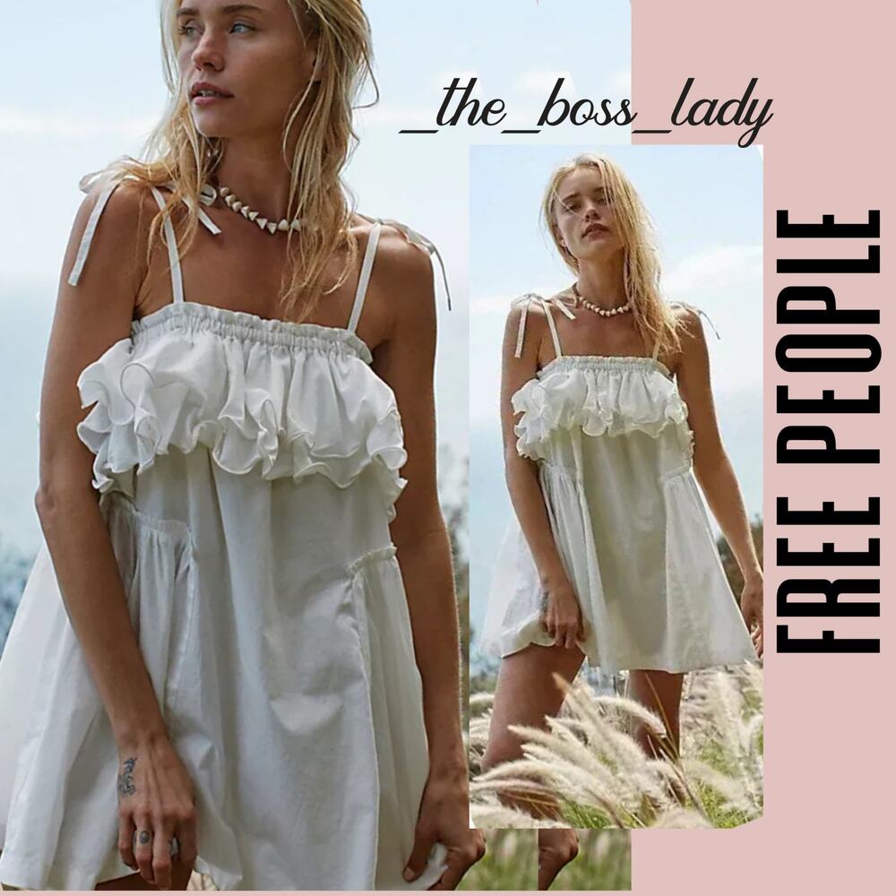 Free People mini dress cotton ruffled strapless babydoll boho white Large